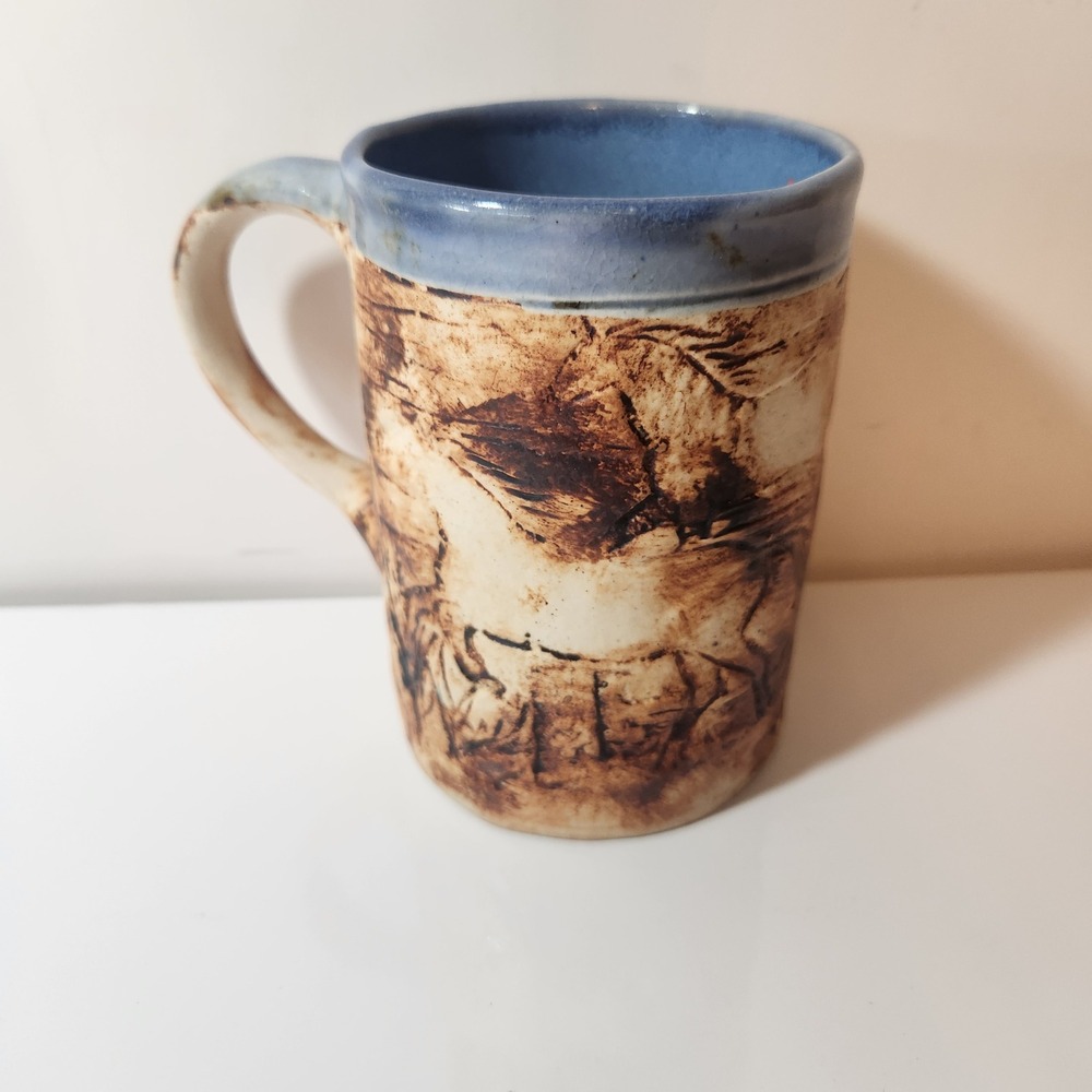 Studio Horses Running Pottery Mug Handmade Rustic Brown Blue Glaze